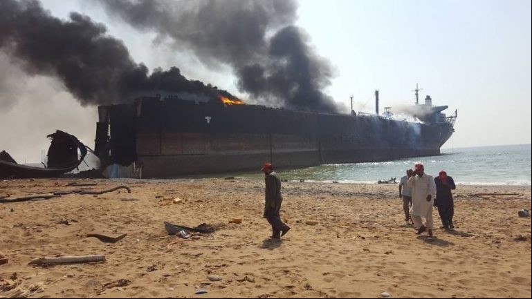 Fire after explosion in a ship