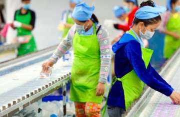 Factory workers in an assembly line in Cambodia